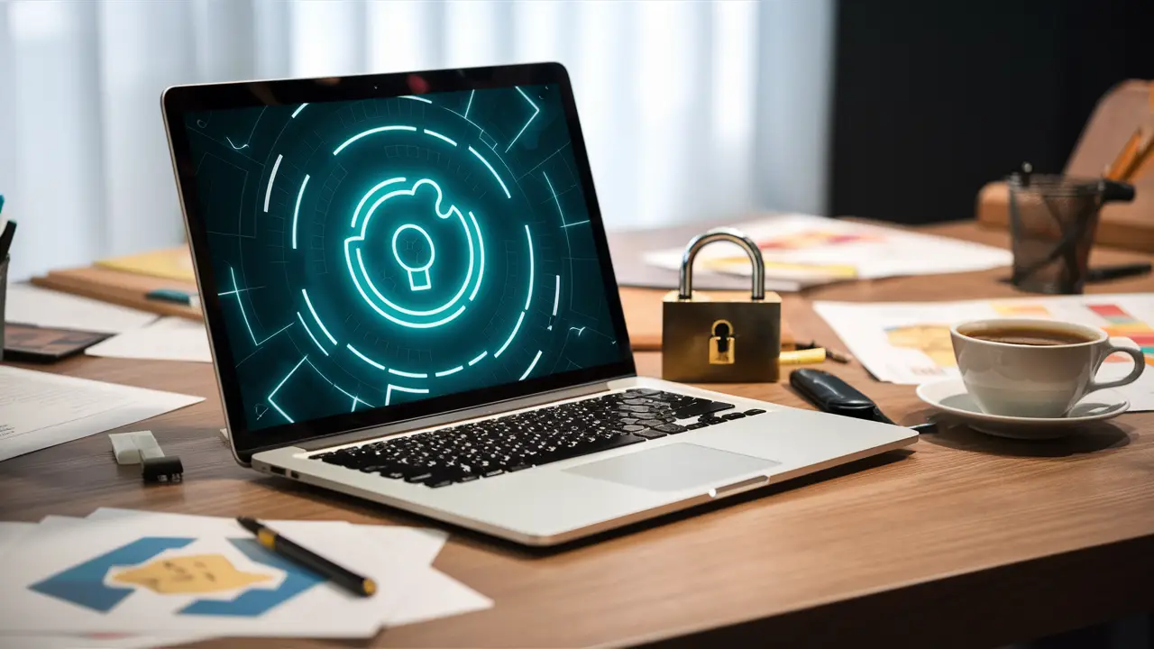 Ícone de cookie digital em laptop em mesa de escritório com papéis, caneta e xícara de café ao redor.