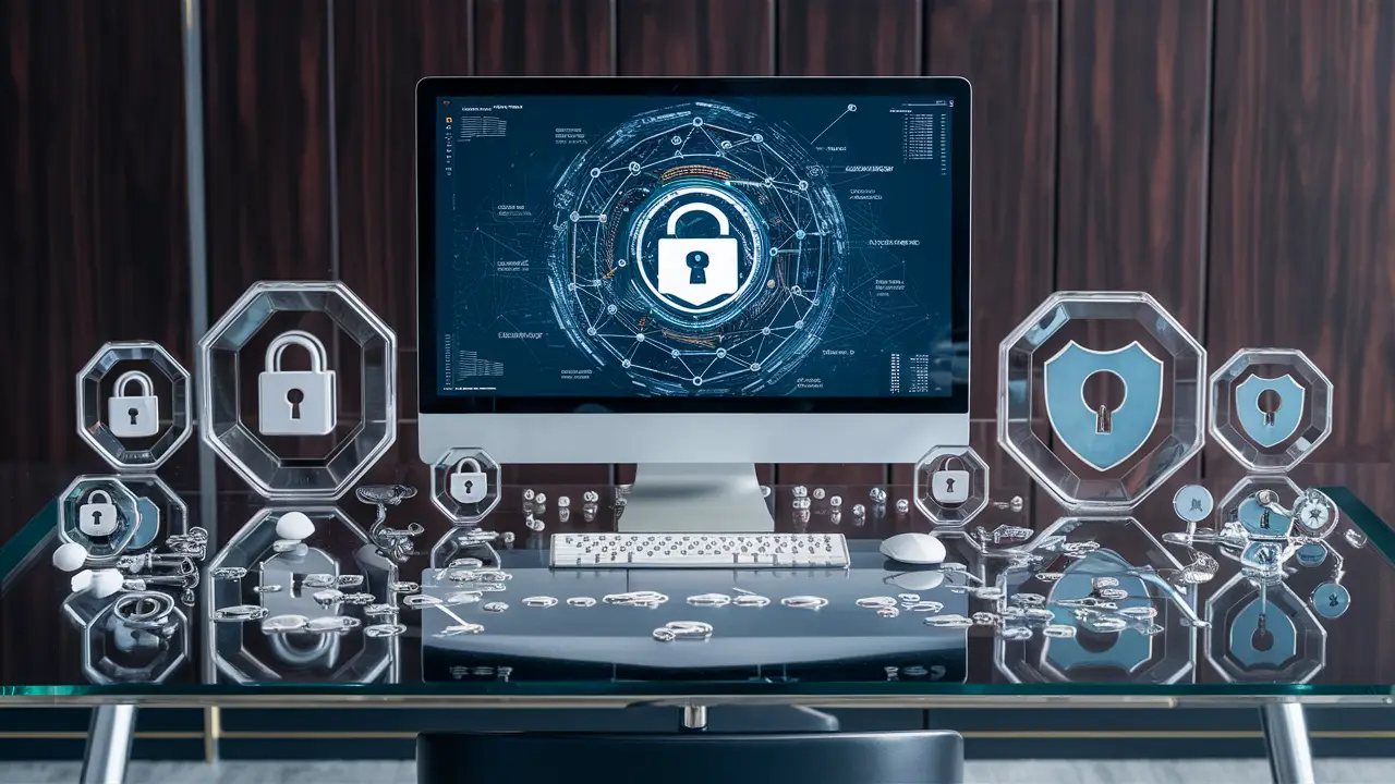 Painel de computador mostrando diagrama de segurança de rede com ícones de cadeados e escudos em um escritório moderno.