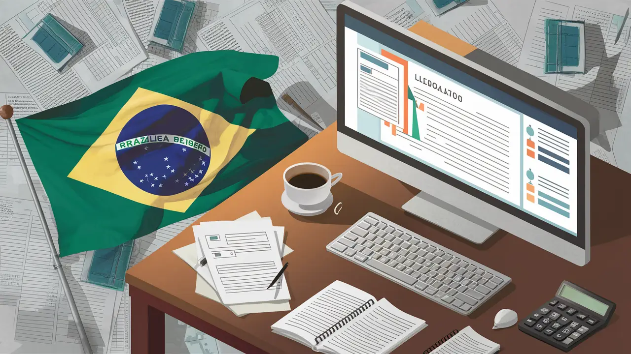 Mesa de escritório com bandeira do Brasil, computador com documentos legais e livros de contabilidade ao fundo.